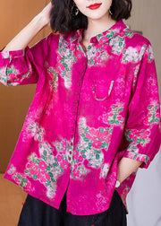 Modern Rose Peter Pan Collar Print Button Linen Shirt Tops Bracelet Sleeve