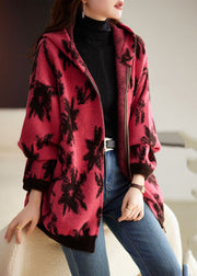 Modern Rose Print Zippered Thick Woolen Hoodies Coat Fall