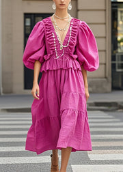 Modern Rose Wrinkled Chain Linked Cotton Long Dress Lantern Sleeve