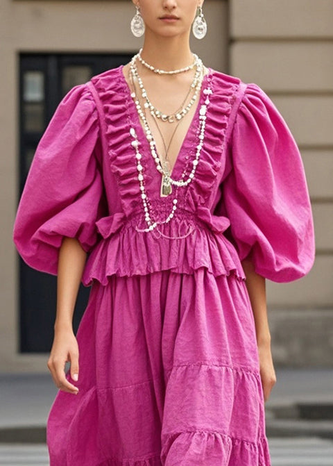 Modern Rose Wrinkled Chain Linked Cotton Long Dress Lantern Sleeve