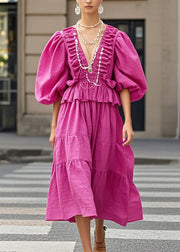 Modern Rose Wrinkled Chain Linked Cotton Long Dress Lantern Sleeve