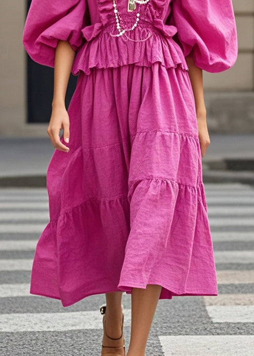 Modern Rose Wrinkled Chain Linked Cotton Long Dress Lantern Sleeve