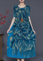 Modern Sea Blue Oversized Print Silk Pleated Dresses Summer