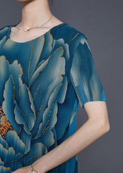Modern Sea Blue Oversized Print Silk Pleated Dresses Summer