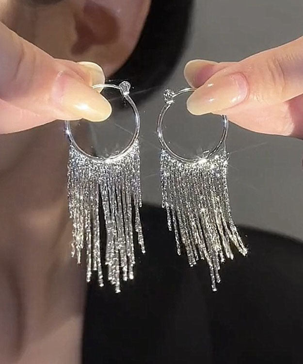 Modern Silk Copper Alloy Zircon Tassel Hoop Earrings