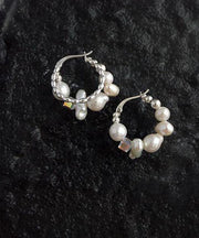 Modern Silk Sterling Silver Asymmetricar Crystal Pearl Hoop Earrings