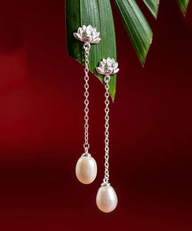 Modern Silk Sterling Silver Inlaid Pearl Lotus Drop Earrings