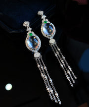 Modern Silk Sterling Silver Overgild Zircon Jade Tassel Drop Earrings