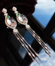 Modern Silk Sterling Silver Overgild Zircon Jade Tassel Drop Earrings