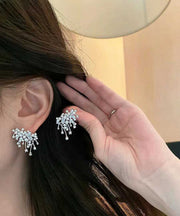 Modern Silk Sterling Silver Zircon Pearl Stud Earrings