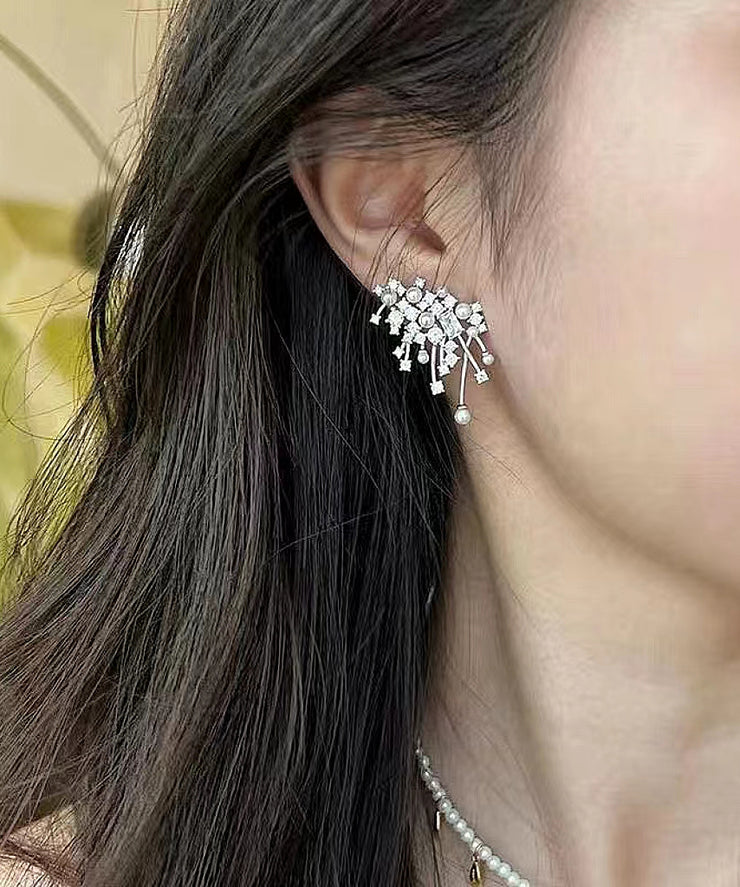 Modern Silk Sterling Silver Zircon Pearl Stud Earrings