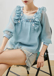 Modern Sky Blue Ruffled Sequins Chiffon Blouse Tops Summer