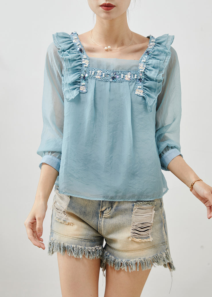 Modern Sky Blue Ruffled Sequins Chiffon Blouse Tops Summer