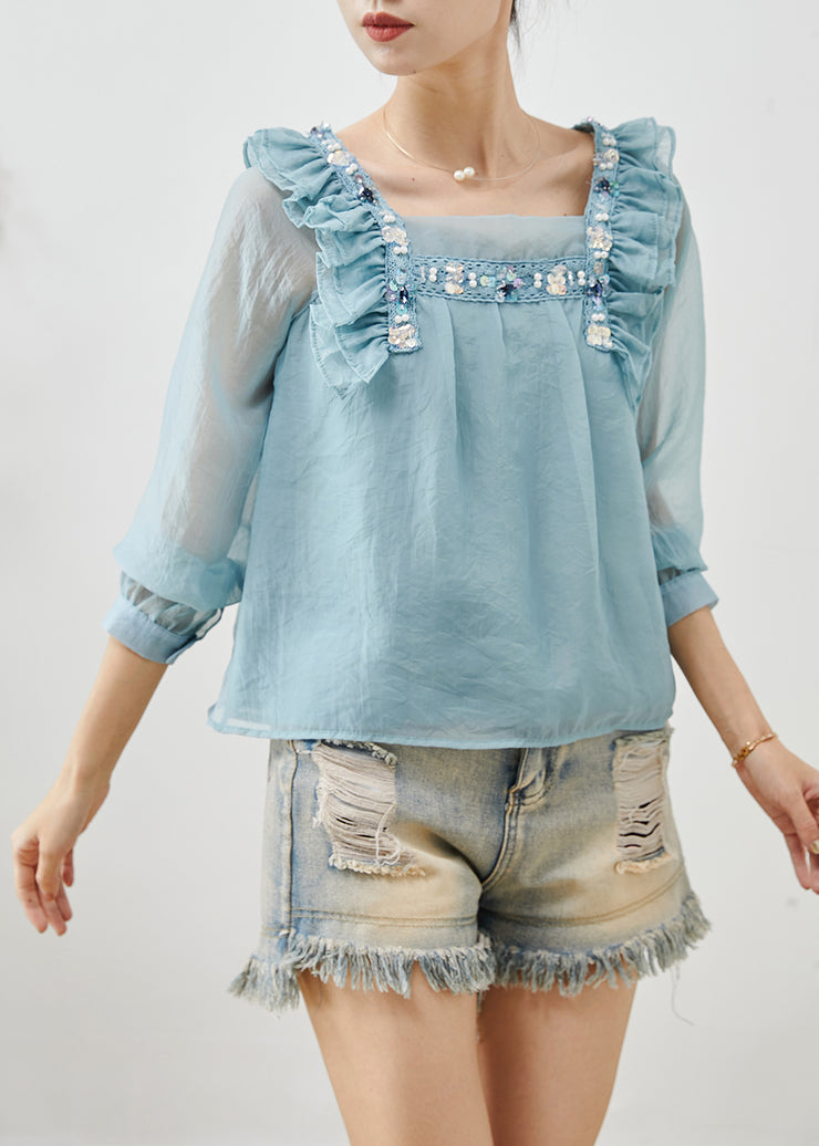 Modern Sky Blue Ruffled Sequins Chiffon Blouse Tops Summer