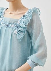 Modern Sky Blue Ruffled Sequins Chiffon Blouse Tops Summer