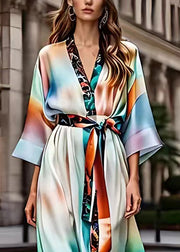 Modern V Neck Print Patchwork Silk Maxi Dresses Half Sleeve