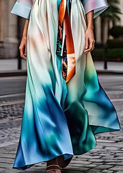 Modern V Neck Print Patchwork Silk Maxi Dresses Half Sleeve