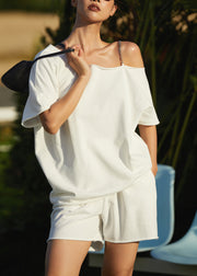 Modern White Asymmetrical Cotton T Shirts And Shorts Two Pieces Set Summer