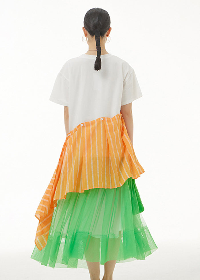 Modern White Asymmetrical Patchwork Tulle Cotton Long Tops Summer