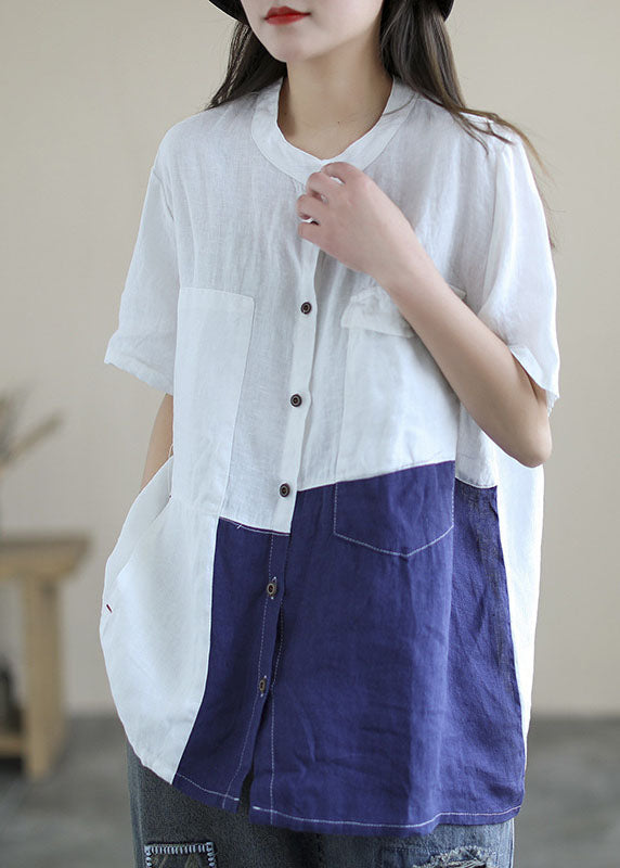 Modern White Blue O-Neck Patchwork Linen Blouse Tops Short Sleeve