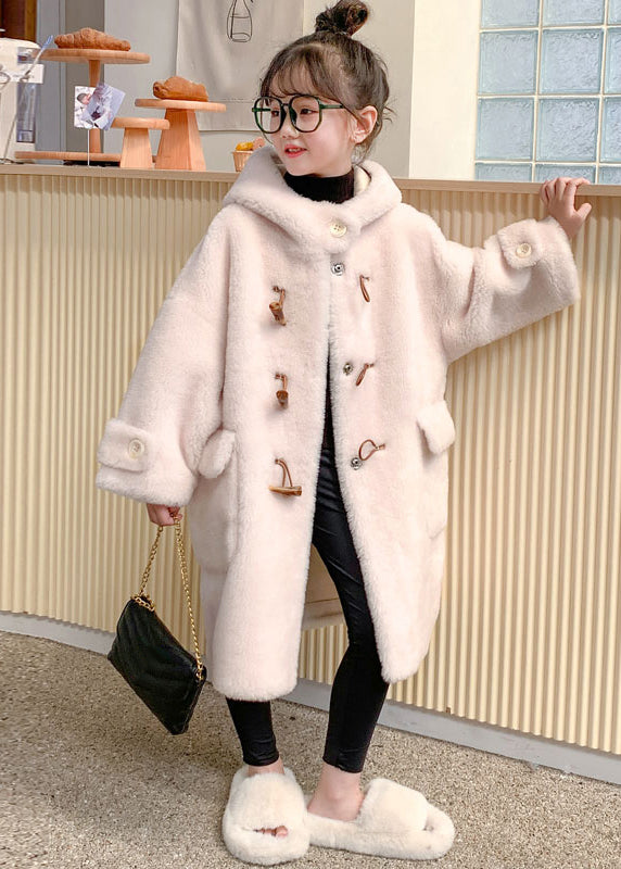 Modern White Button Girls Mink Velvet Long Hooded Coats Winter