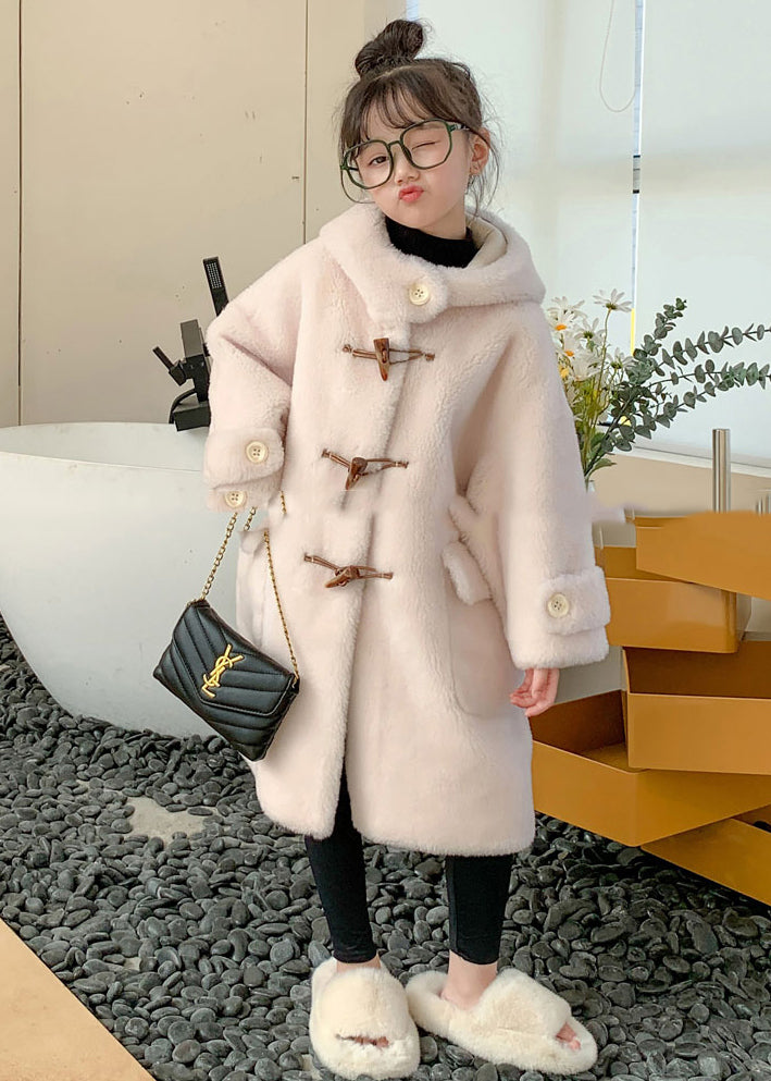 Modern White Button Girls Mink Velvet Long Hooded Coats Winter