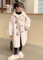 Modern White Button Girls Mink Velvet Long Hooded Coats Winter