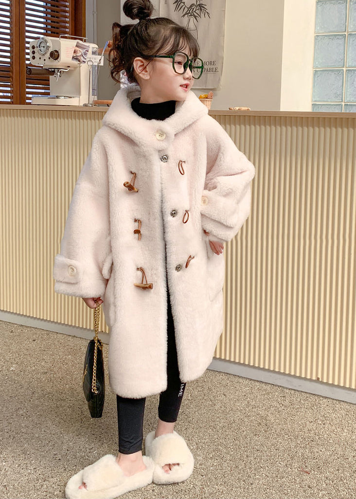 Modern White Button Girls Mink Velvet Long Hooded Coats Winter