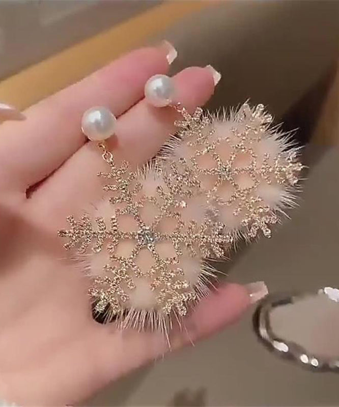 Modern White Copper Alloy Snowflake Fuzzy Fur Fluffy Drop Earrings