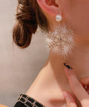 Modern White Copper Alloy Snowflake Fuzzy Fur Fluffy Drop Earrings