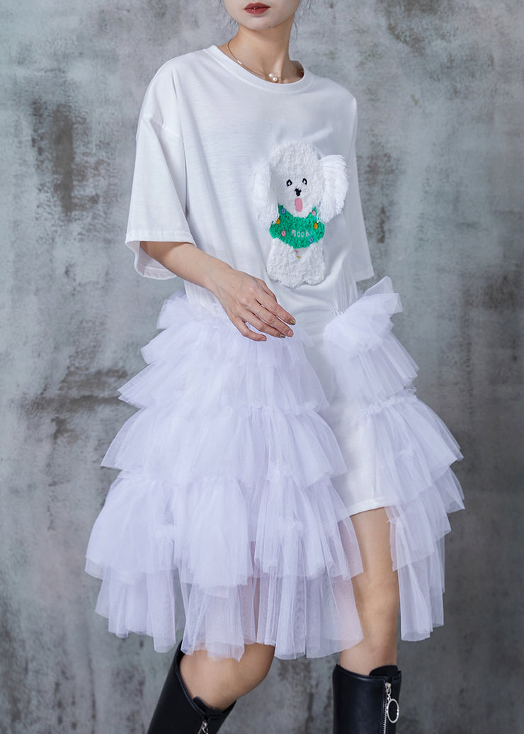 Modern White Dog Patchwork Tulle Tea Dress Summer