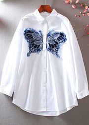 Modern White Embroidered Butterfly Cotton Blouses Spring