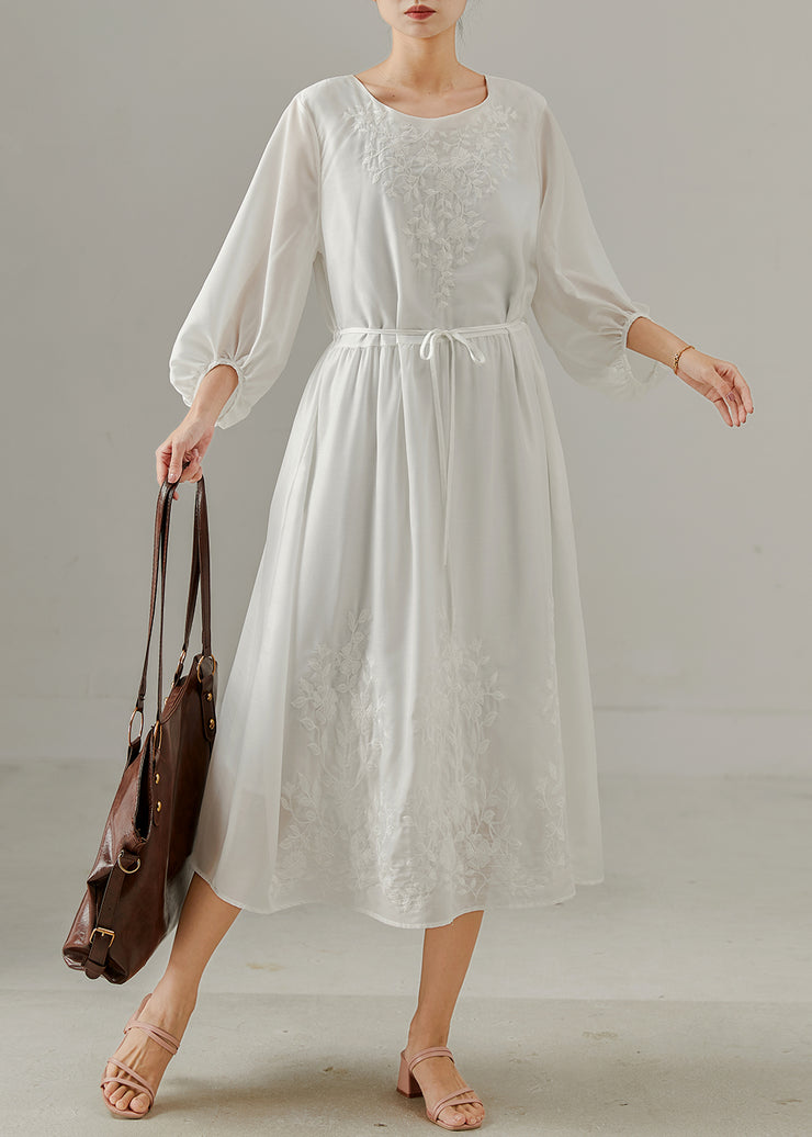 Modern White Embroidered Cotton Long Dress Bracelet Sleeve