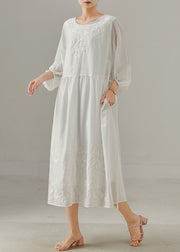 Modern White Embroidered Cotton Long Dress Bracelet Sleeve