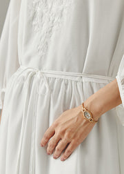 Modern White Embroidered Cotton Long Dress Bracelet Sleeve