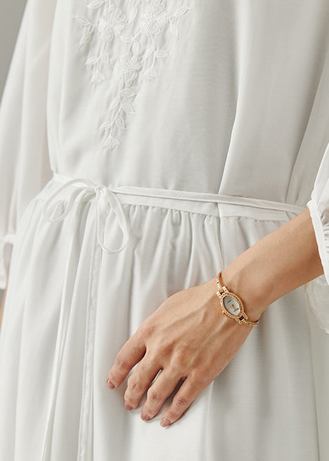 Modern White Embroidered Cotton Long Dress Bracelet Sleeve