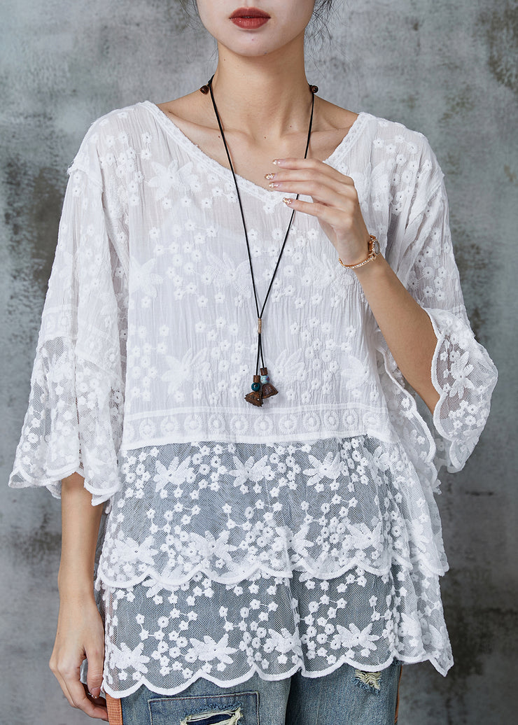 Modern White Embroidered Lace Shirts Half Sleeve