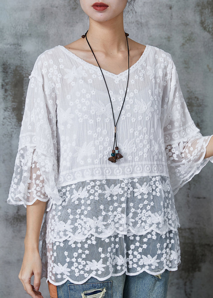 Modern White Embroidered Lace Shirts Half Sleeve