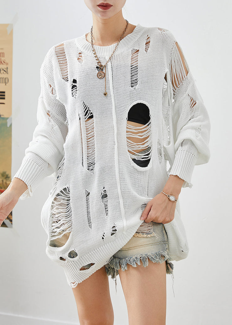 Modern White Hollow Out Knit Ripped Tops Fall