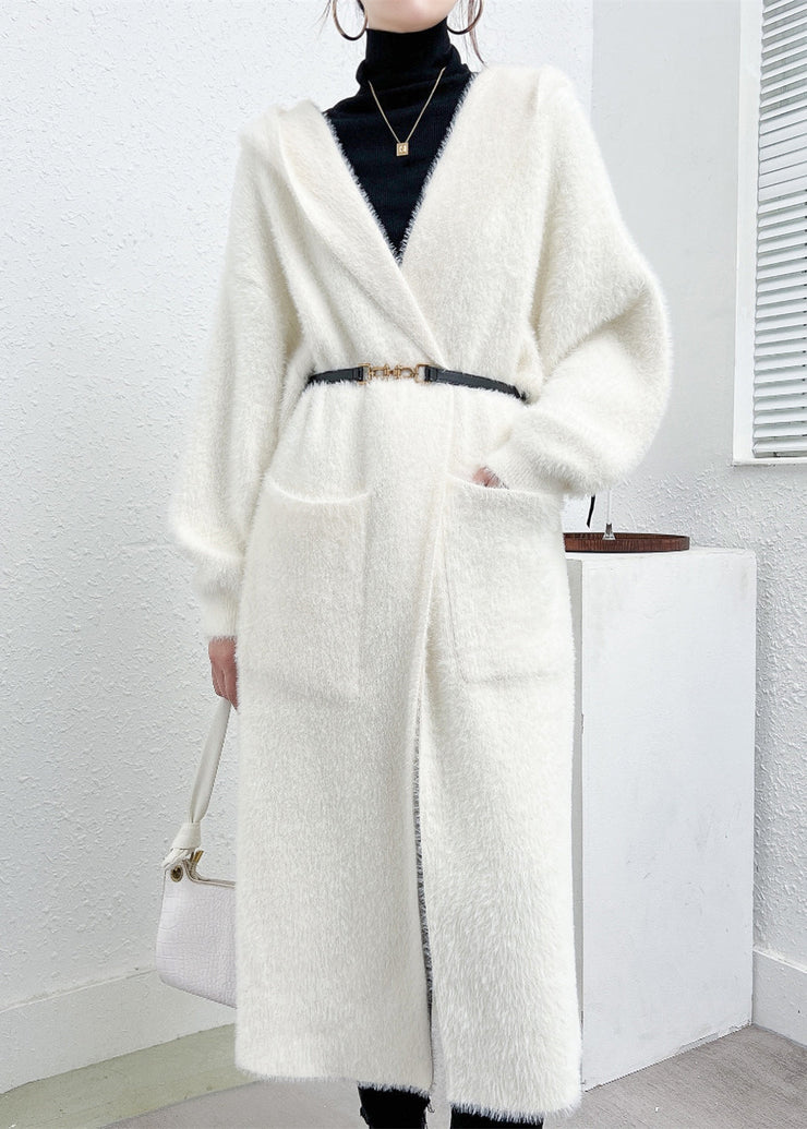 Modern White Hooded Pockets Mink Hair Knitted Cardigan Fall