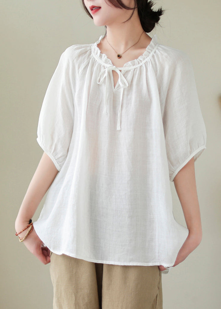 Modern White Lace Up Ruffled Linen Shirts Summer