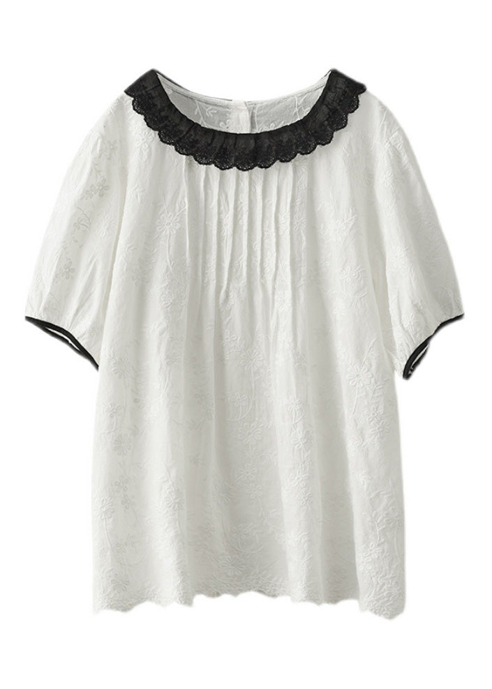 Modern White O-Neck Embroidered Patchwork Wrinkled Cotton Top Short Sleeve