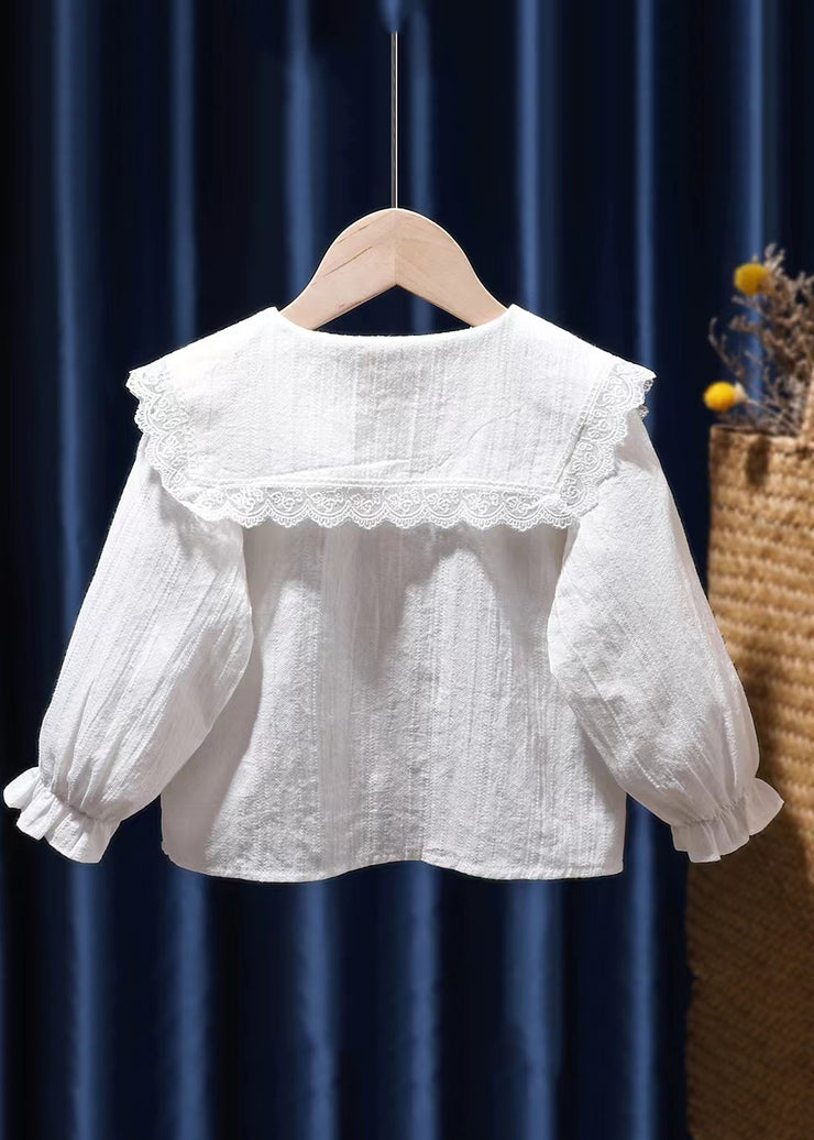 Modern White O-Neck Lace Patchwork Kids Shirt Long Sleeve