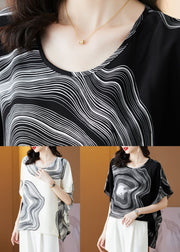 Modern White O Neck Print Patchwork Silk Shirt Top Summer