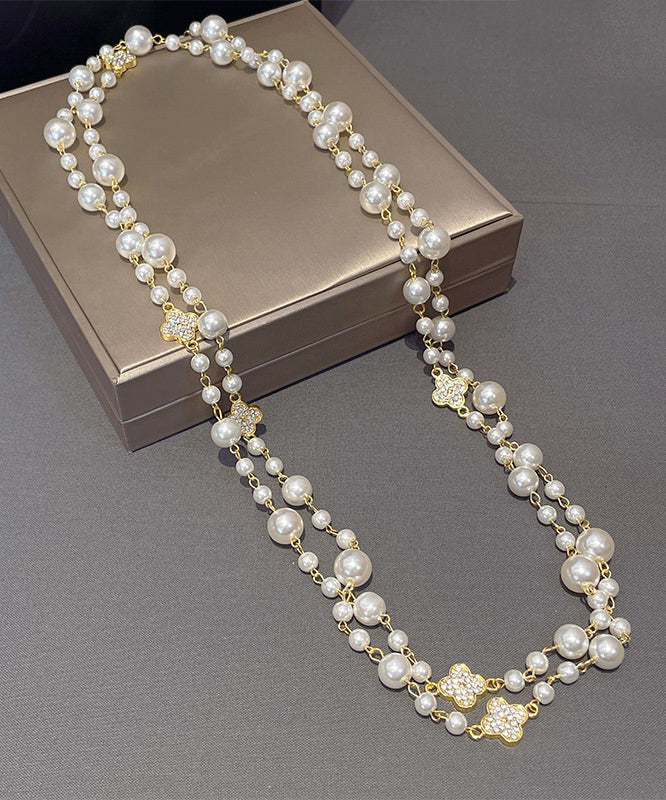 Modern White Overgild Pearl Clover Zircon Princess Necklace