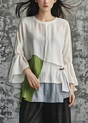 Modern White Oversized Patchwork Cotton Top Flare Sleeve