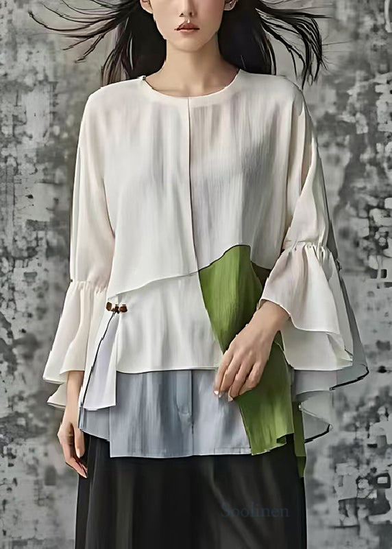 Modern White Oversized Patchwork Cotton Top Flare Sleeve