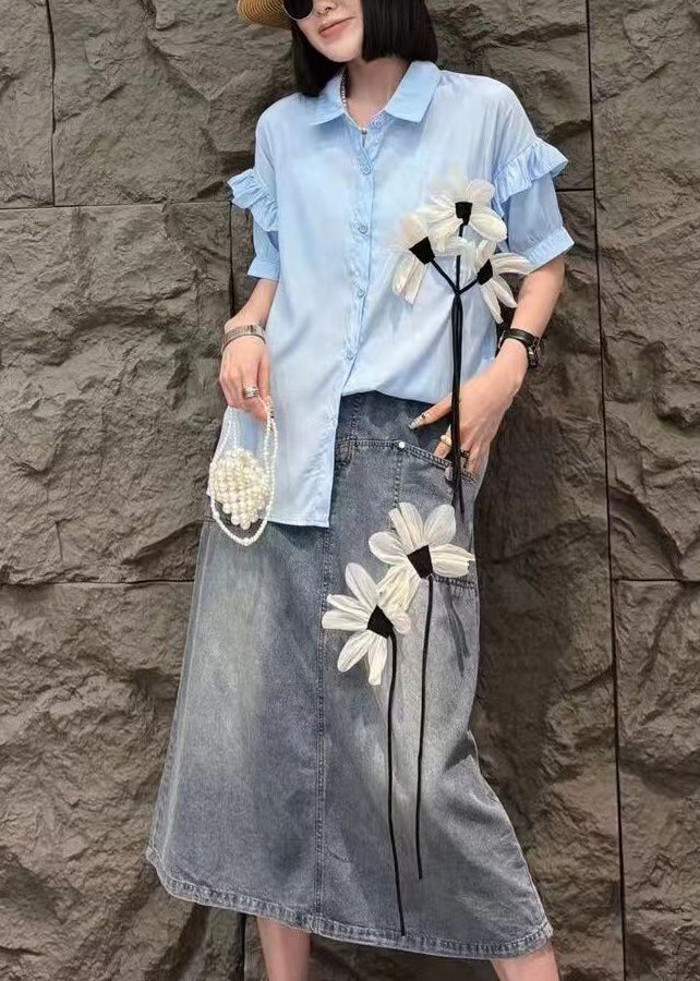 Modern White Peter Pan Collar Floral Shirts And Denim Skirts Two Pieces Set Short Sleeve