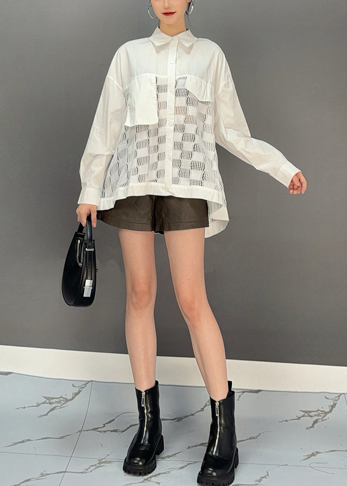 Modern White Peter Pan Collar Patchwork Hollow Out Shirts Spring