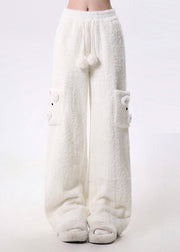 Modern White Pockets Fuzzy Fur Fluffy Straight Pants Spring